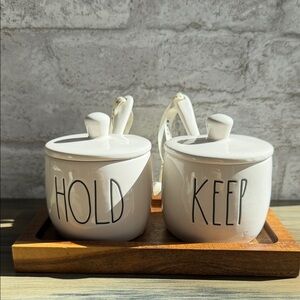 Rae Dunn Cream Ceramic Containers with Wooden Base